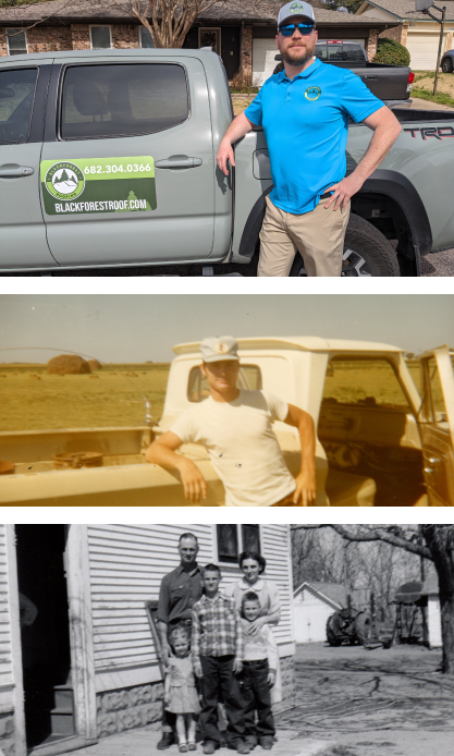 A couple of men standing next to a truck and a family